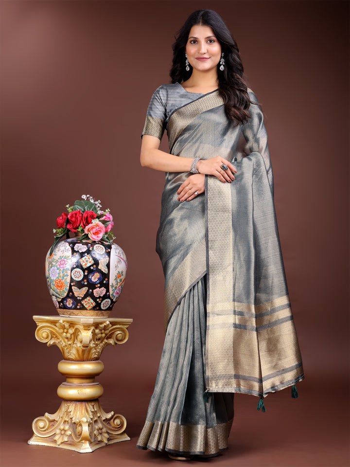 Silver Colour Organza Saree Weaving Work With Blouse Piece