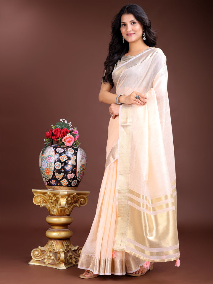 Peach Colour Cotton Saree Printed Work With Blouse Piece