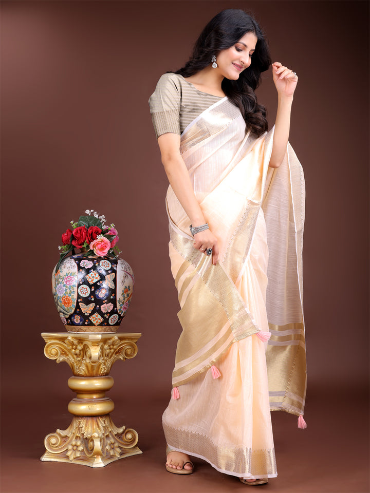 Peach Colour Cotton Saree Printed Work With Blouse Piece