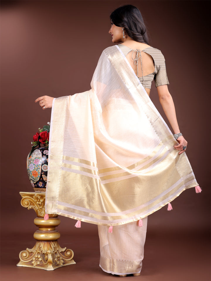 Peach Colour Cotton Saree Printed Work With Blouse Piece