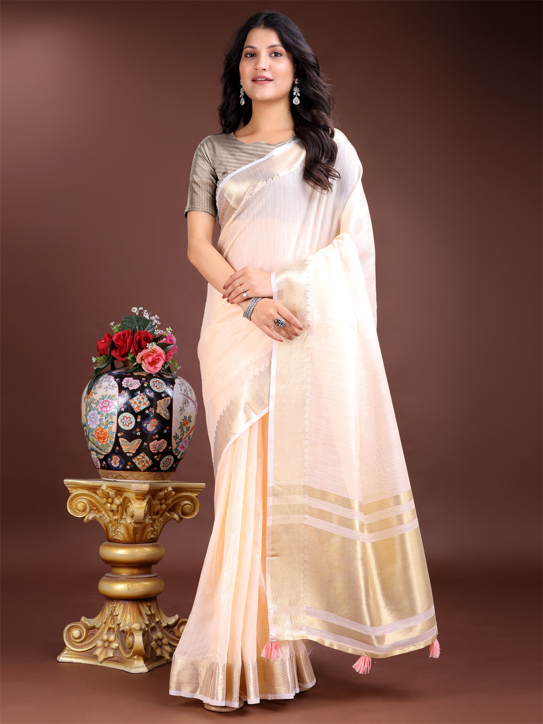 Peach Colour Cotton Saree Printed Work With Blouse Piece