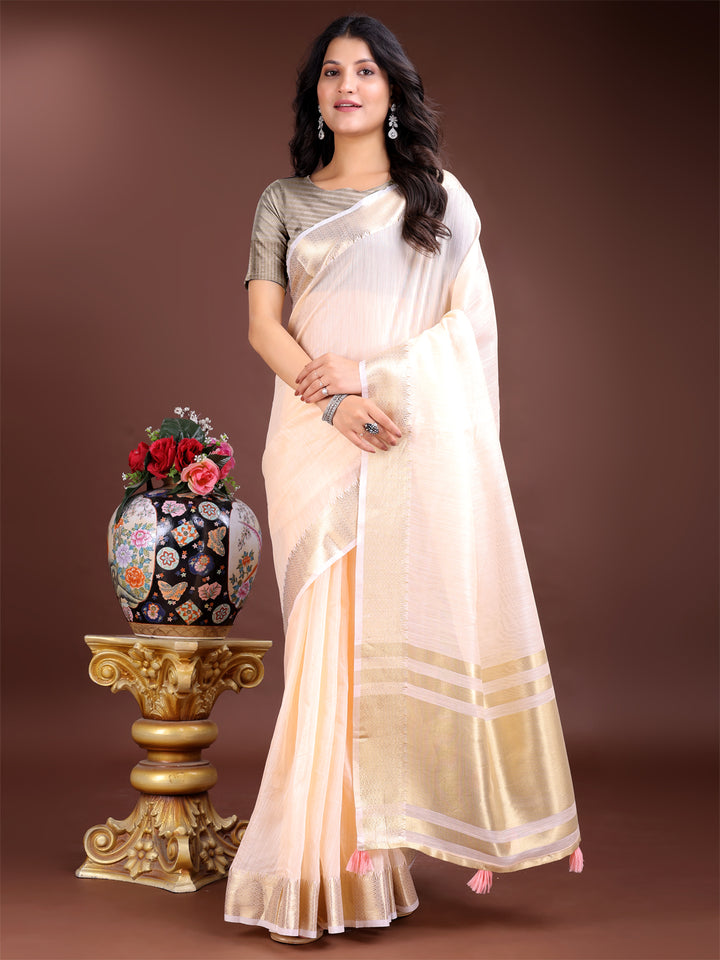 Peach Colour Cotton Saree Printed Work With Blouse Piece