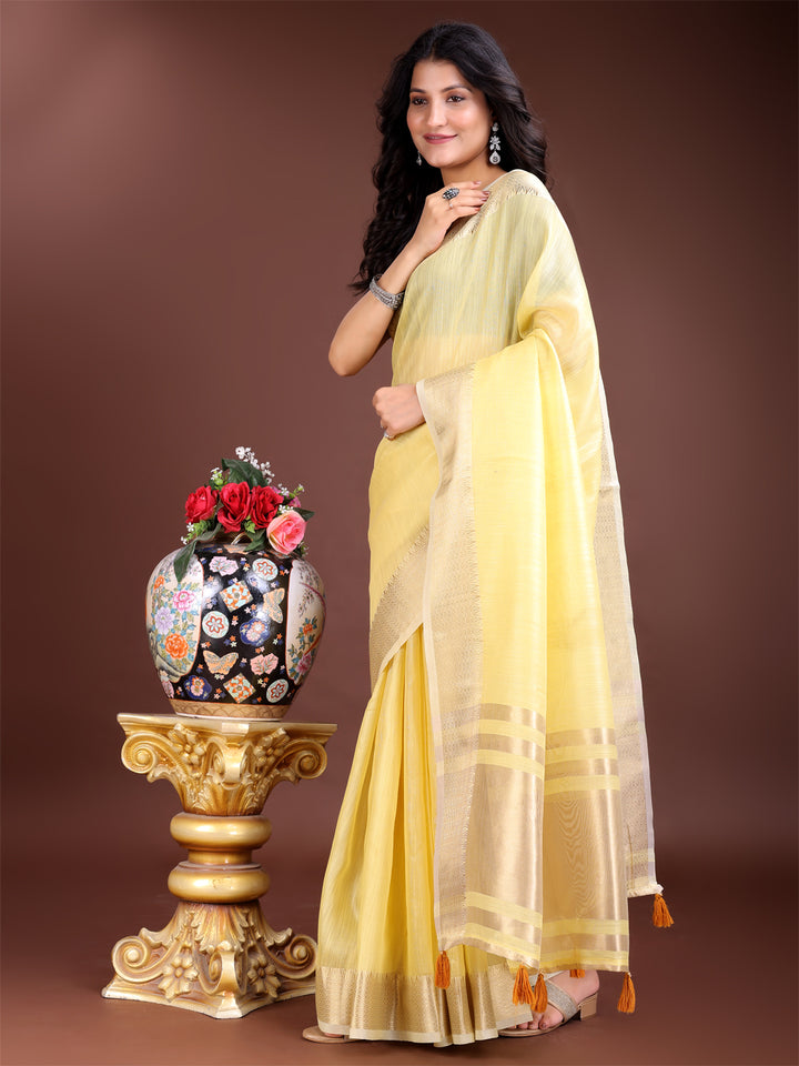 Yellow Colour Cotton Saree Printed Work With Blouse Piece