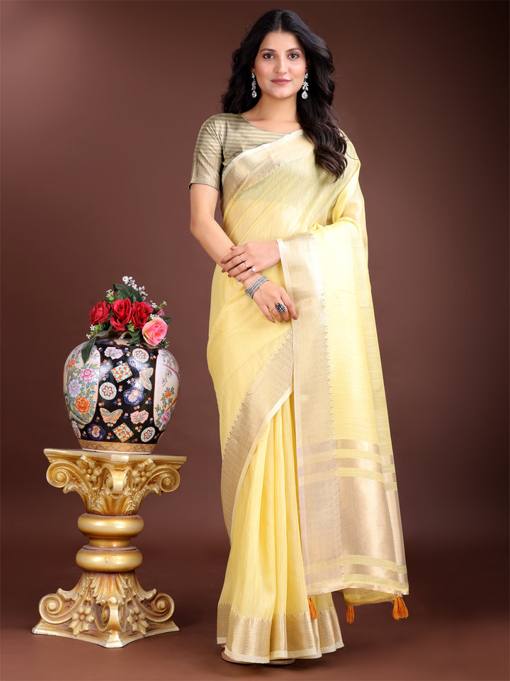 Yellow Colour Cotton Saree Printed Work With Blouse Piece