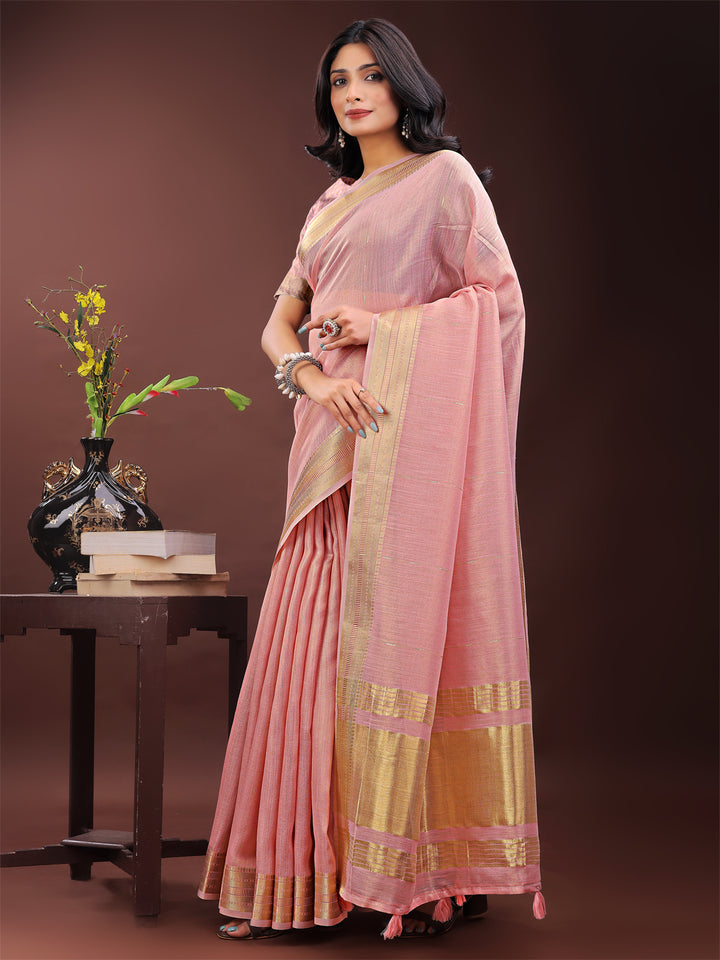 Light Pink Colour Organza Saree Weaving Work With Blouse Piece