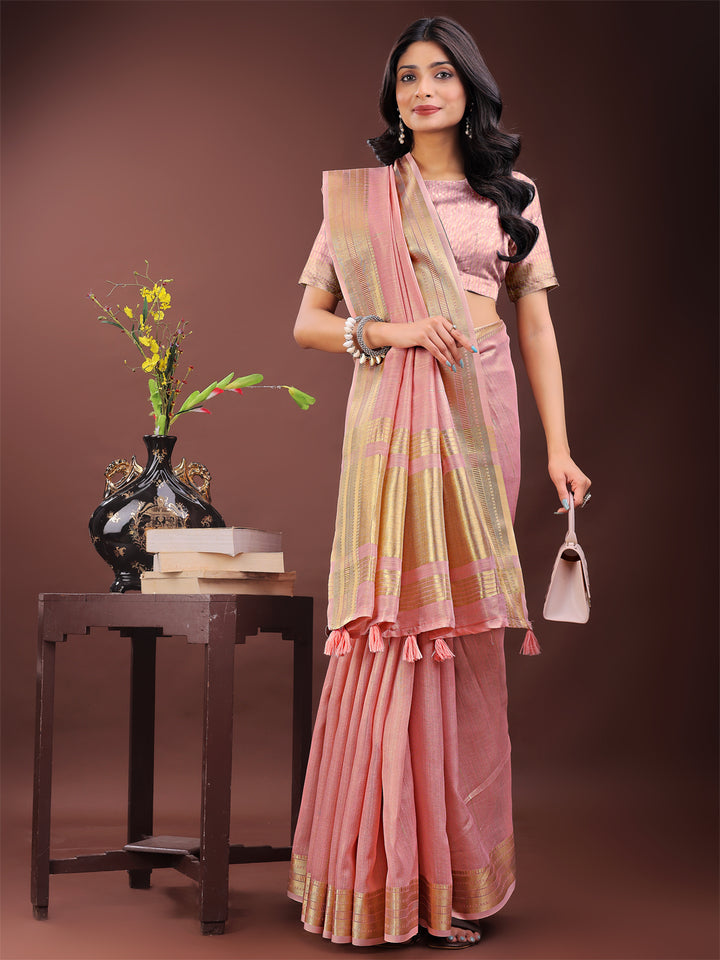 Light Pink Colour Organza Saree Weaving Work With Blouse Piece