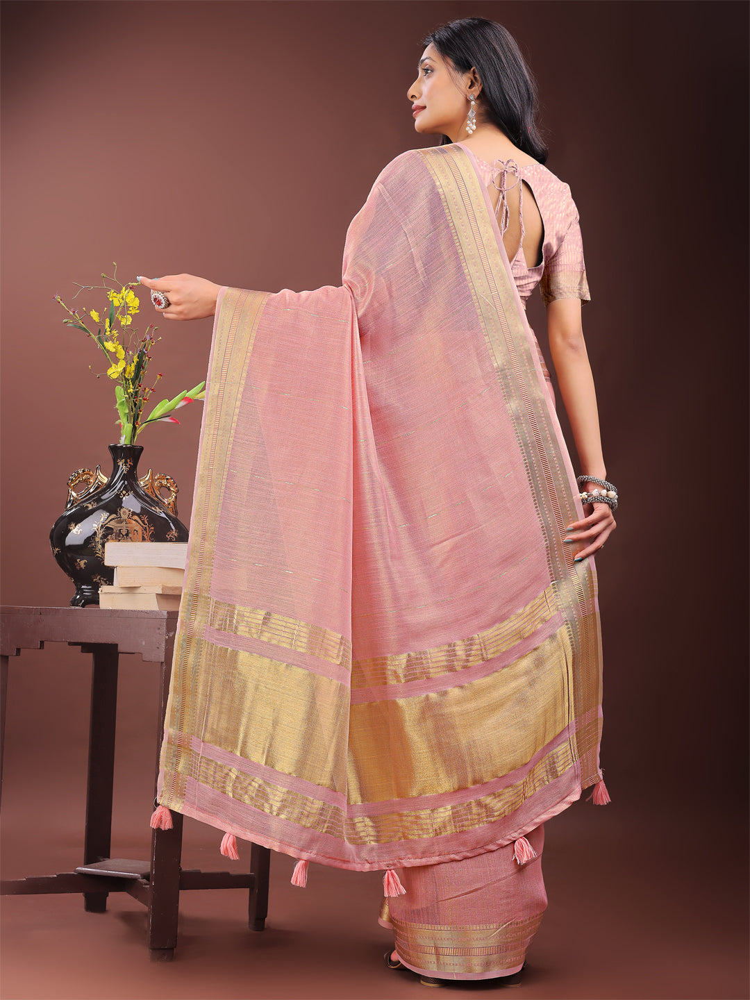 Light Pink Colour Organza Saree Weaving Work With Blouse Piece