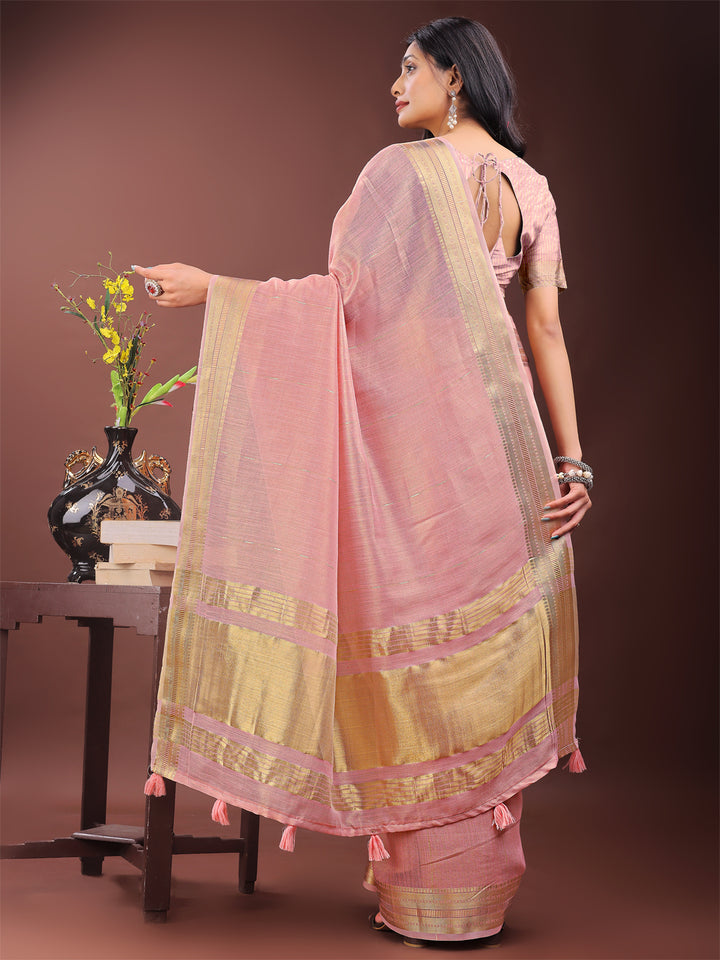 Light Pink Colour Organza Saree Weaving Work With Blouse Piece
