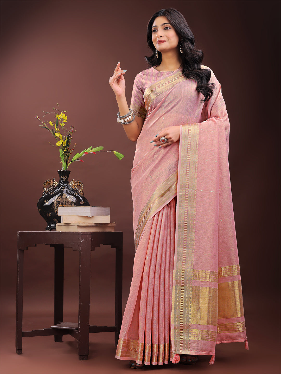 Light Pink Colour Organza Saree Weaving Work With Blouse Piece