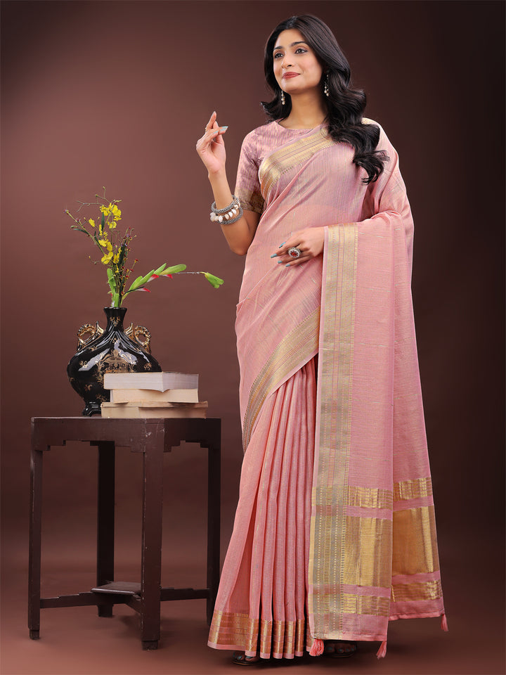 Light Pink Colour Organza Saree Weaving Work With Blouse Piece