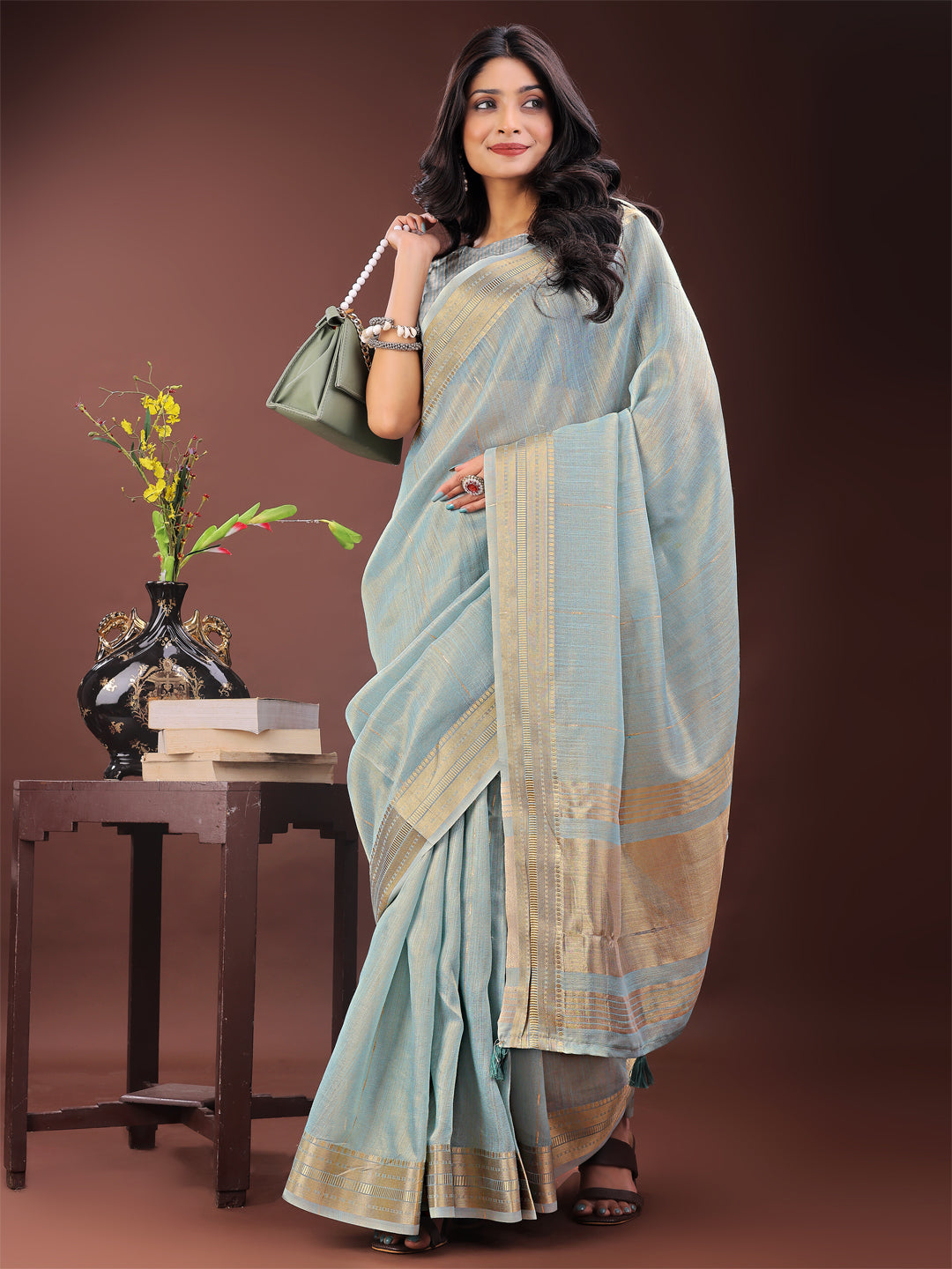 Sky Blue Colour Organza Saree Weaving Work With Blouse Piece