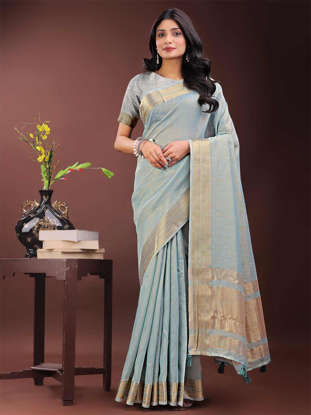 Sky Blue Colour Organza Saree Weaving Work With Blouse Piece