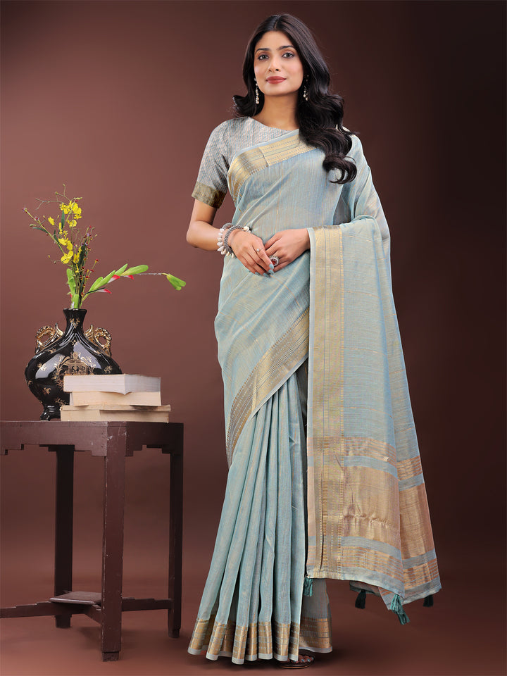 Sky Blue Colour Organza Saree Weaving Work With Blouse Piece