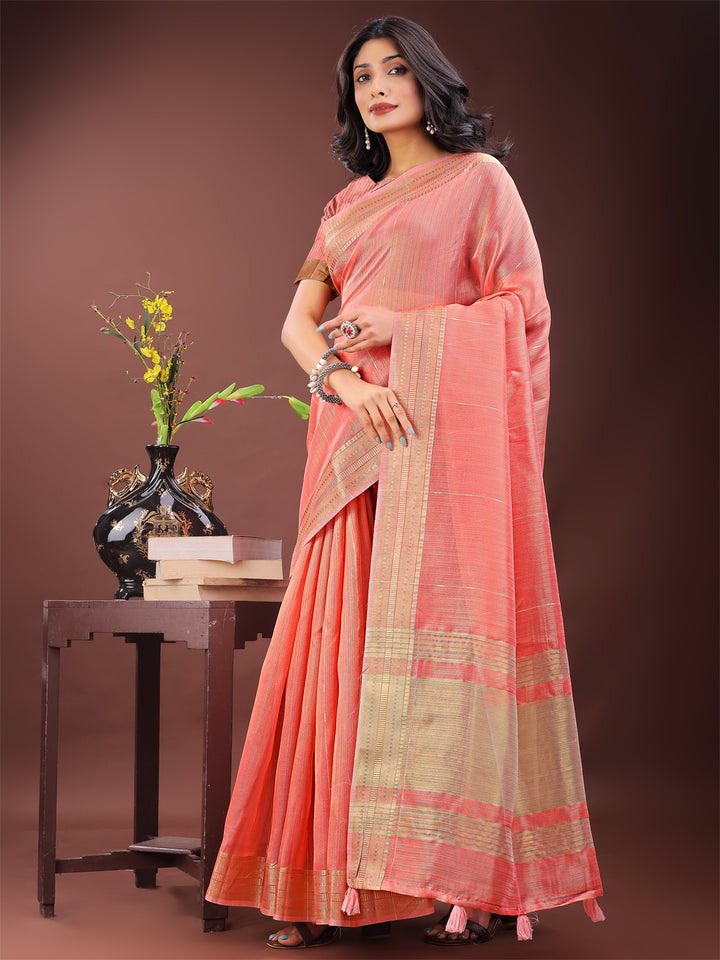 Peach Colour Organza Saree Weaving Work With Blouse Piece