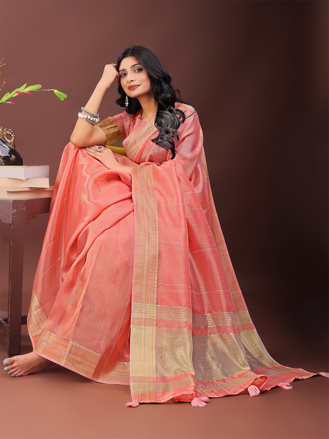 Peach Colour Organza Saree Weaving Work With Blouse Piece