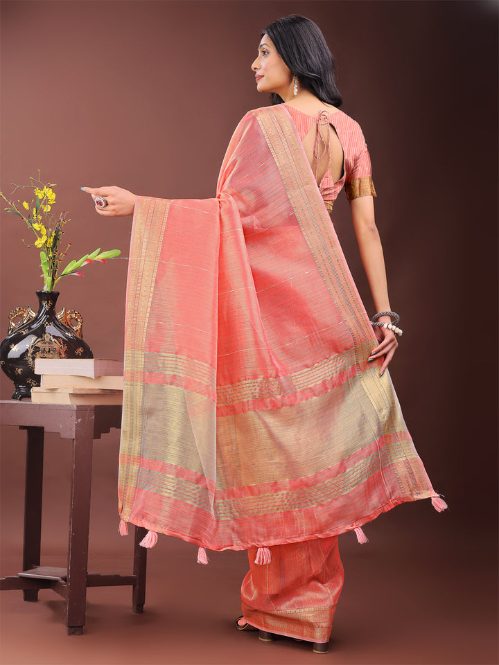 Peach Colour Organza Saree Weaving Work With Blouse Piece