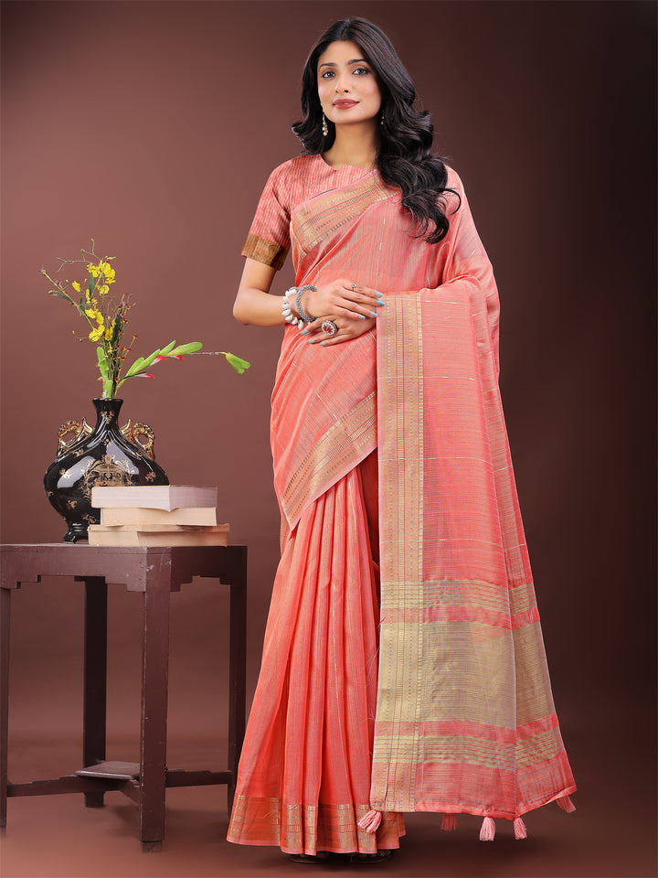 Peach Colour Organza Saree Weaving Work With Blouse Piece