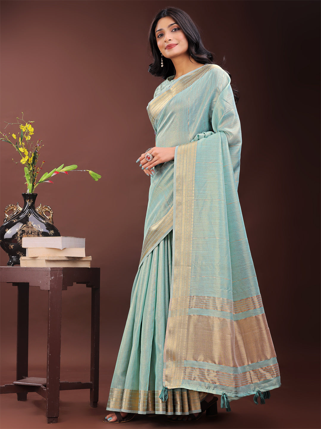 Olive Green Colour Organza Saree Weaving Work With Blouse Piece