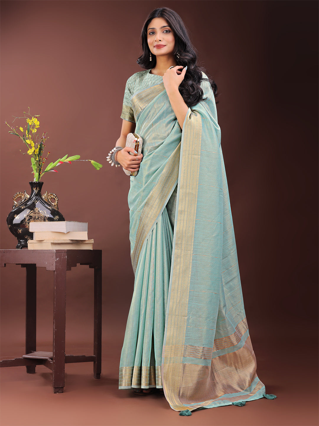 Olive Green Colour Organza Saree Weaving Work With Blouse Piece