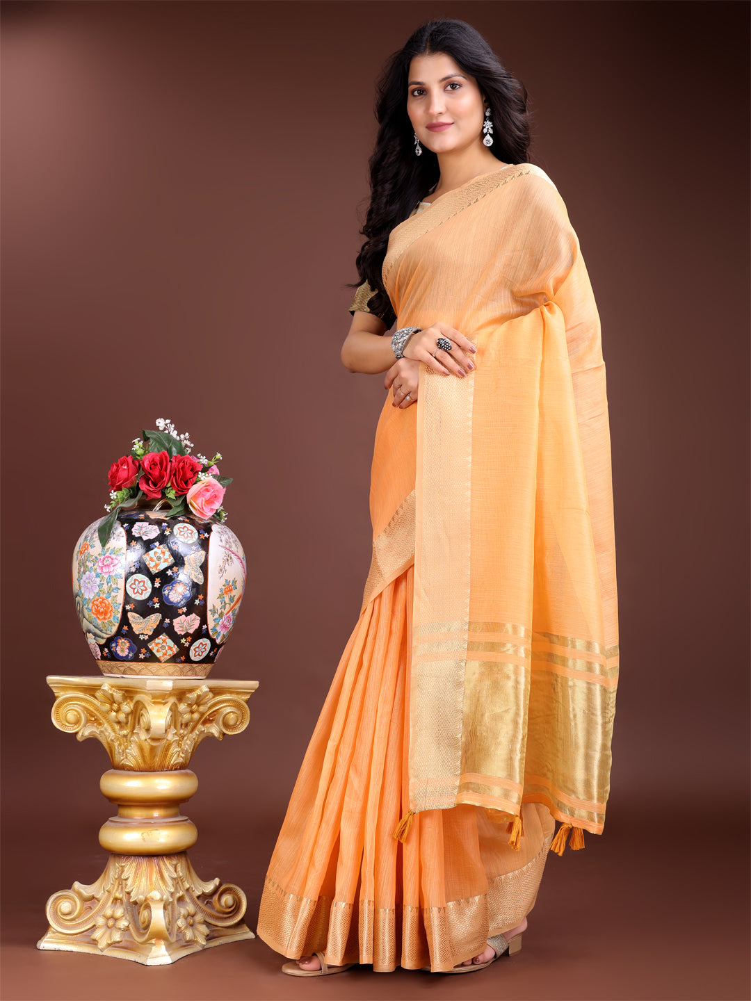Orange Colour Cotton Printed Work Saree With Blouse Piece