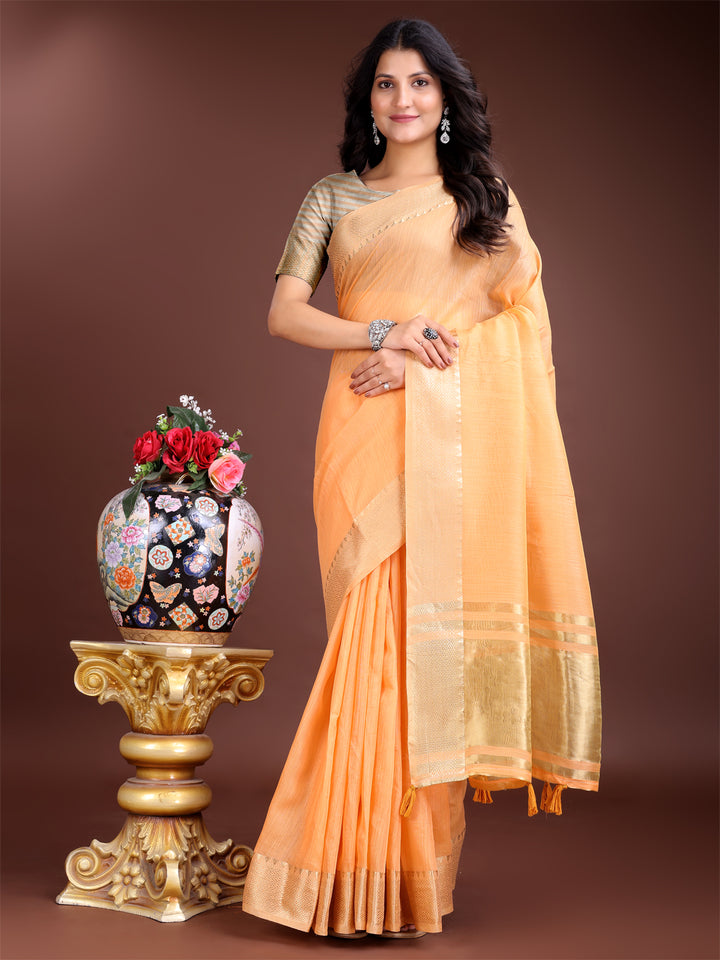Orange Colour Cotton Printed Work Saree With Blouse Piece