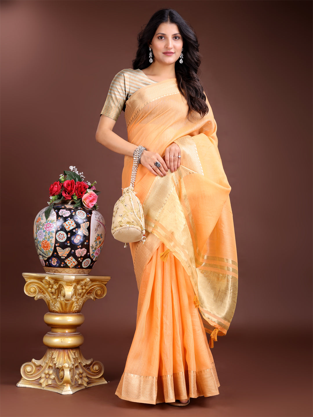 Orange Colour Cotton Printed Work Saree With Blouse Piece