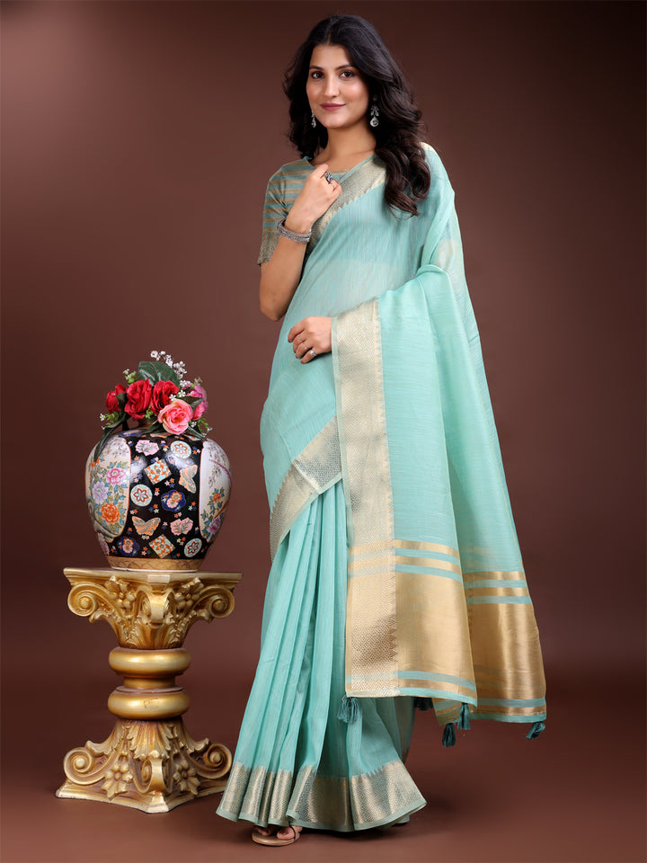 Sea Green Colour Cotton Printed Work Saree With Blouse Piece