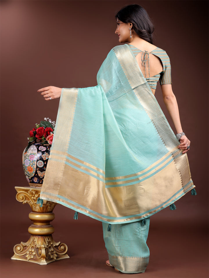 Sea Green Colour Cotton Printed Work Saree With Blouse Piece