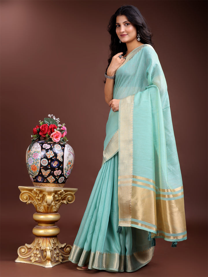 Sea Green Colour Cotton Printed Work Saree With Blouse Piece
