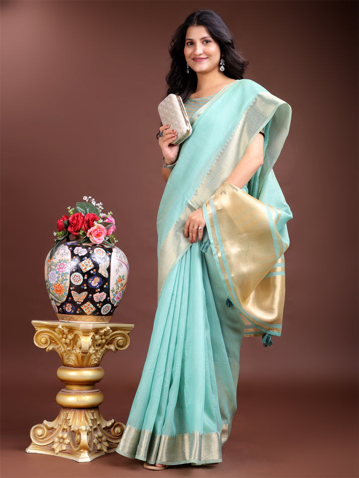 Sea Green Colour Cotton Printed Work Saree With Blouse Piece