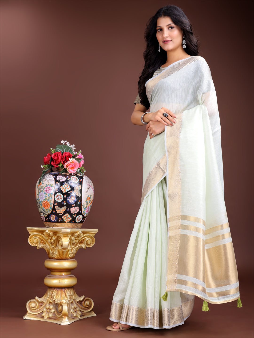 Light Green Colour Cotton Printed Work Saree With Blouse Piece