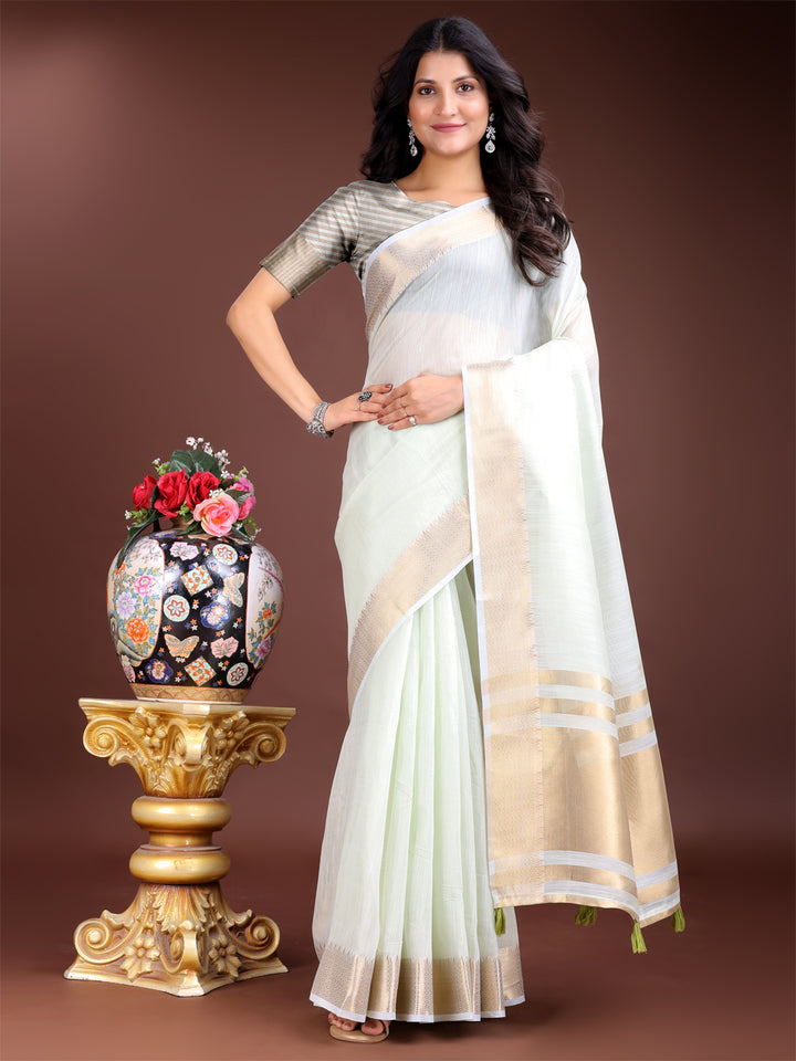 Light Green Colour Cotton Printed Work Saree With Blouse Piece