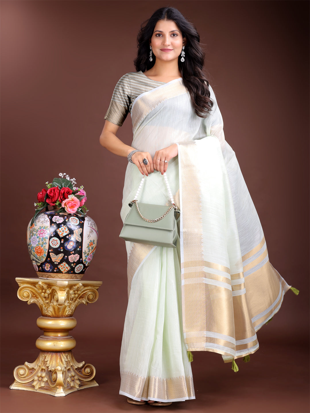 Light Green Colour Cotton Printed Work Saree With Blouse Piece
