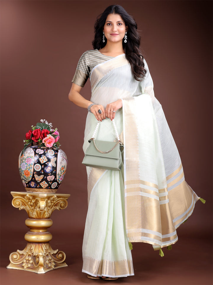 Light Green Colour Cotton Printed Work Saree With Blouse Piece
