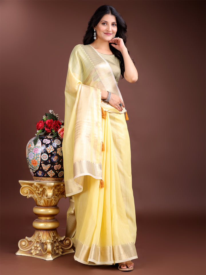 Yellow Colour Cotton Printed Work Saree With Blouse Piece