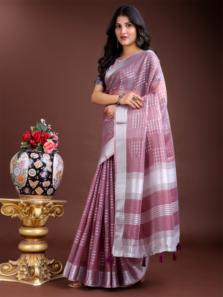 Purple Colour Organza Saree Weaving Work With Blouse Piece