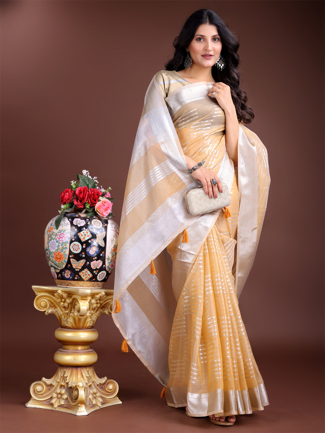 Yellow Colour Organza Saree Weaving Work With Blouse Piece