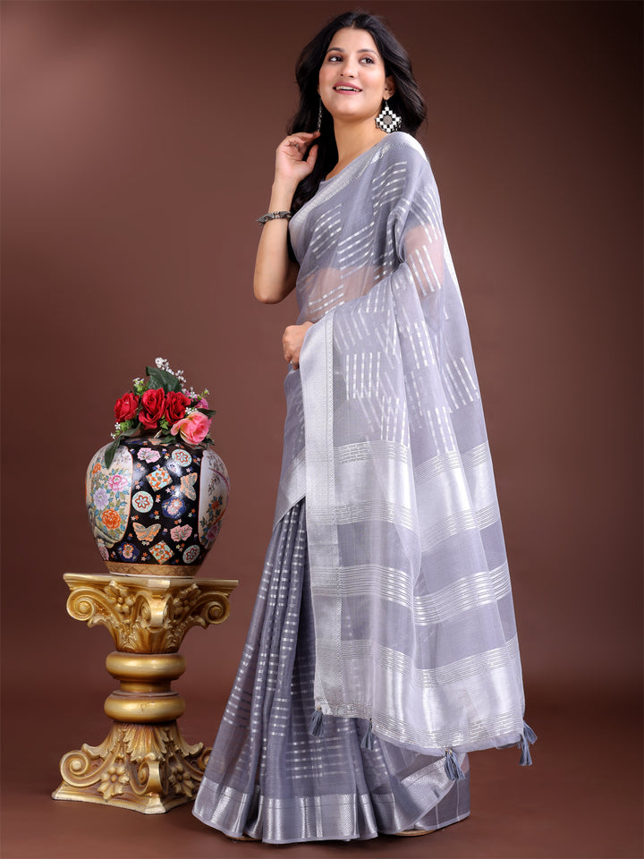 Gray Colour Organza Saree Weaving Work With Blouse Piece