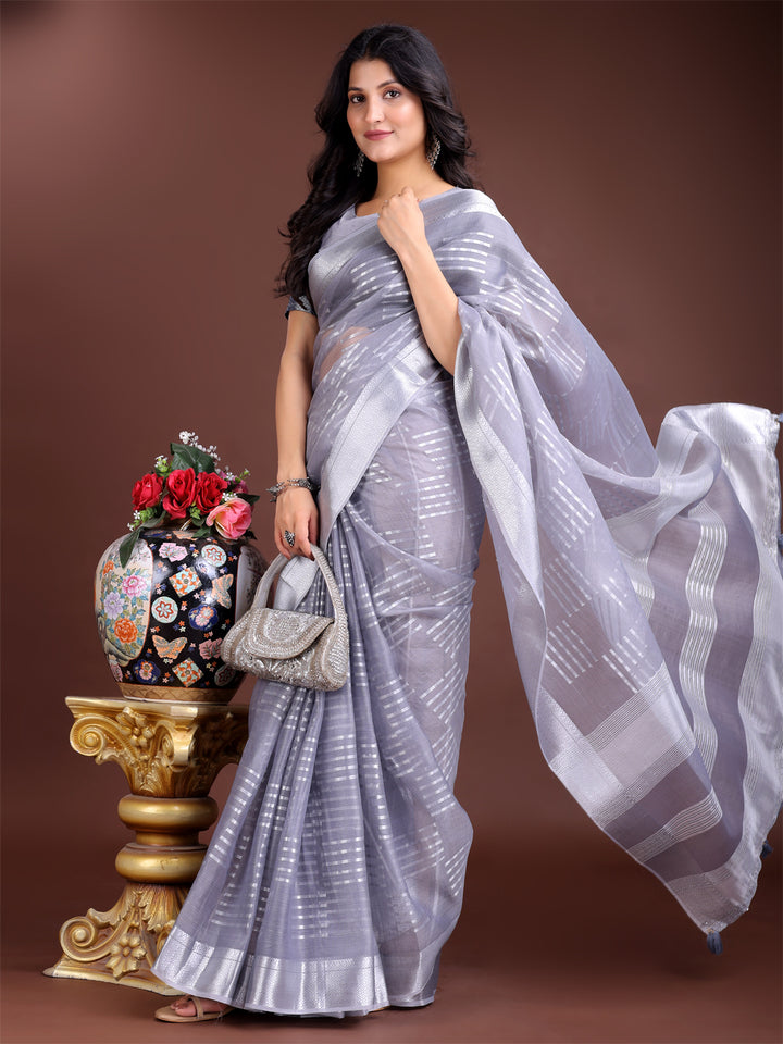 Gray Colour Organza Saree Weaving Work With Blouse Piece
