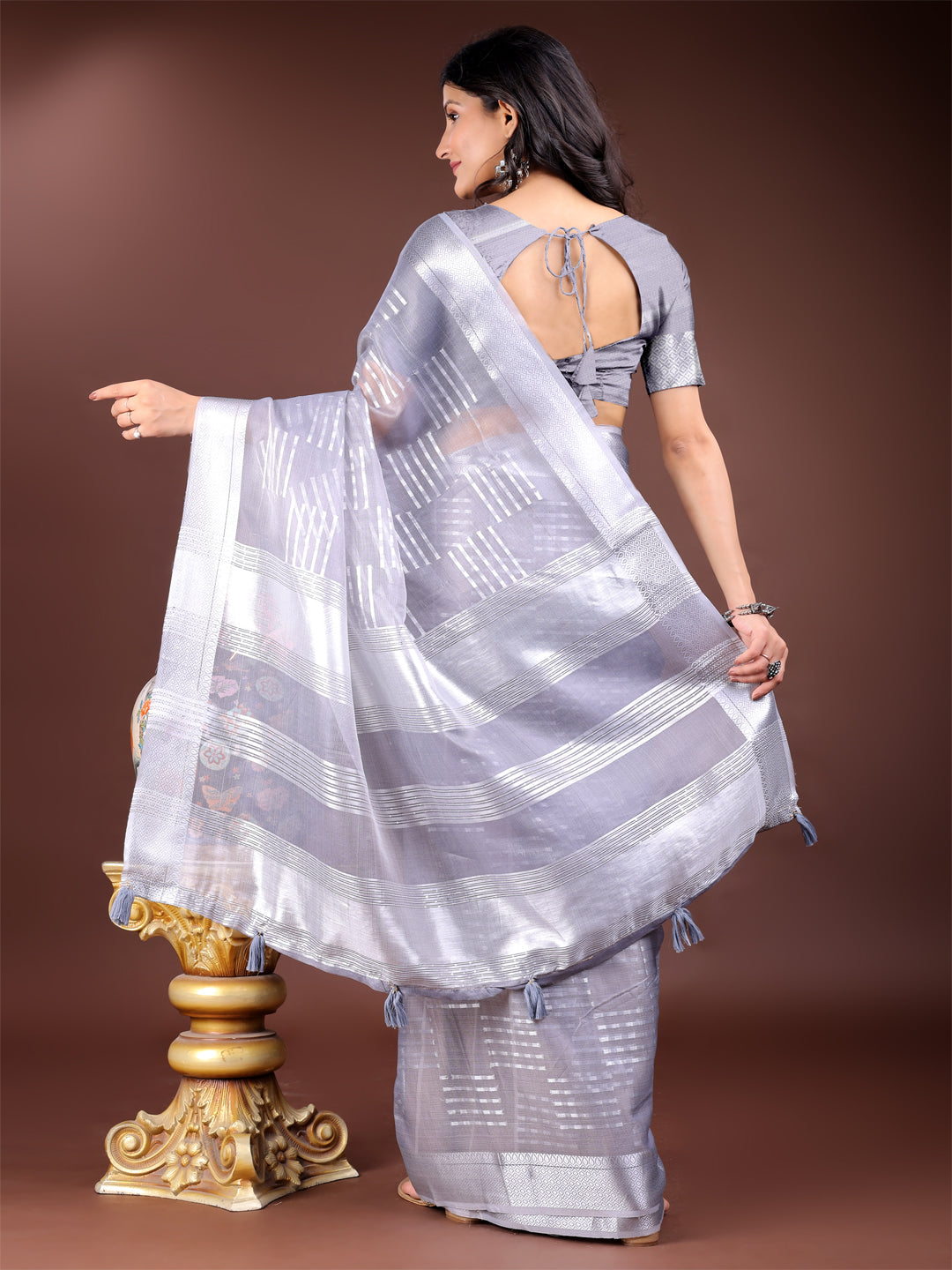 Gray Colour Organza Saree Weaving Work With Blouse Piece