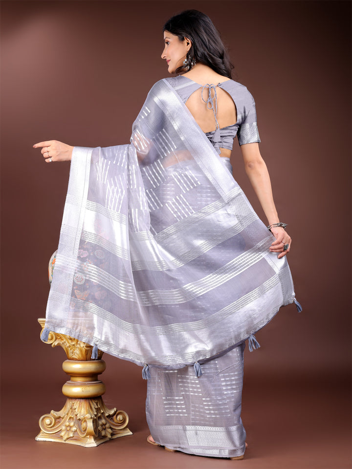 Gray Colour Organza Saree Weaving Work With Blouse Piece