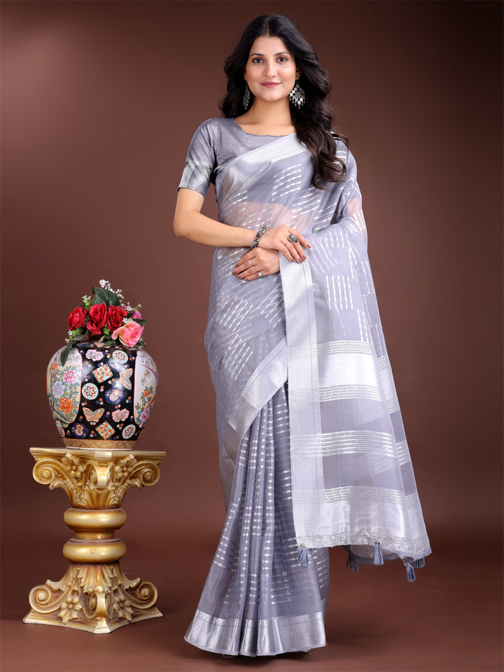 Gray Colour Organza Saree Weaving Work With Blouse Piece