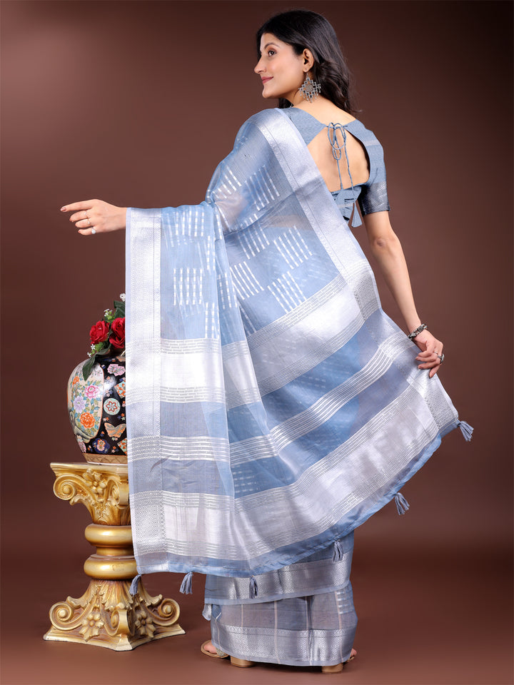 Sky Blue Colour Organza Saree Weaving Work With Blouse Piece