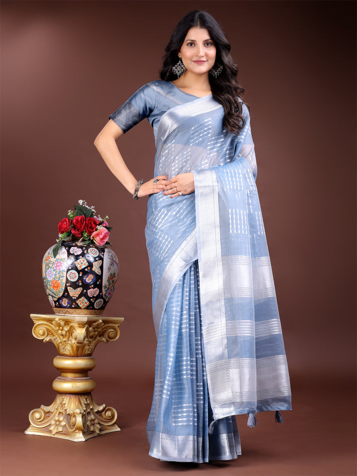 Sky Blue Colour Organza Saree Weaving Work With Blouse Piece