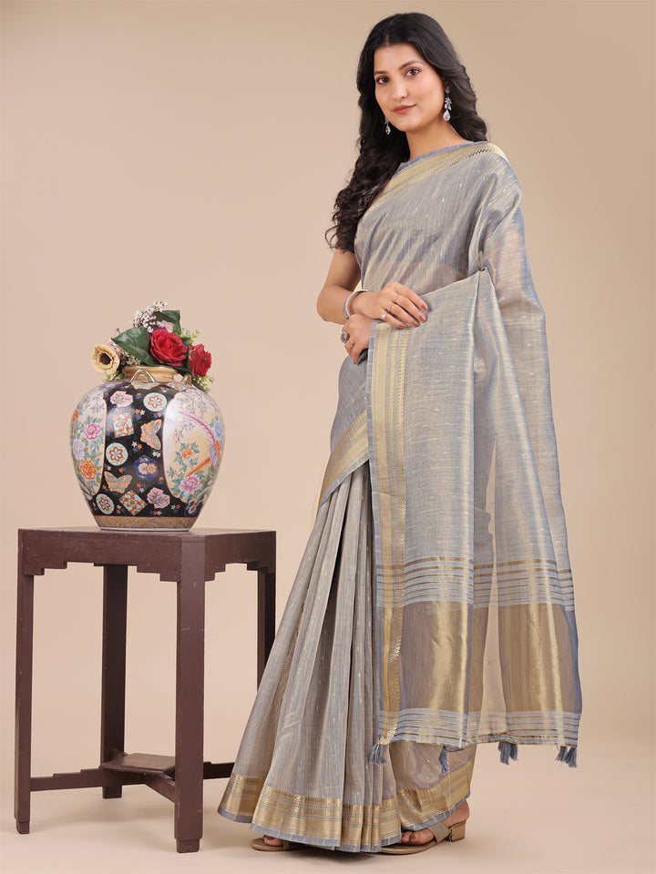 Gray Colour Organza Saree Weaving Work With Blouse Piece