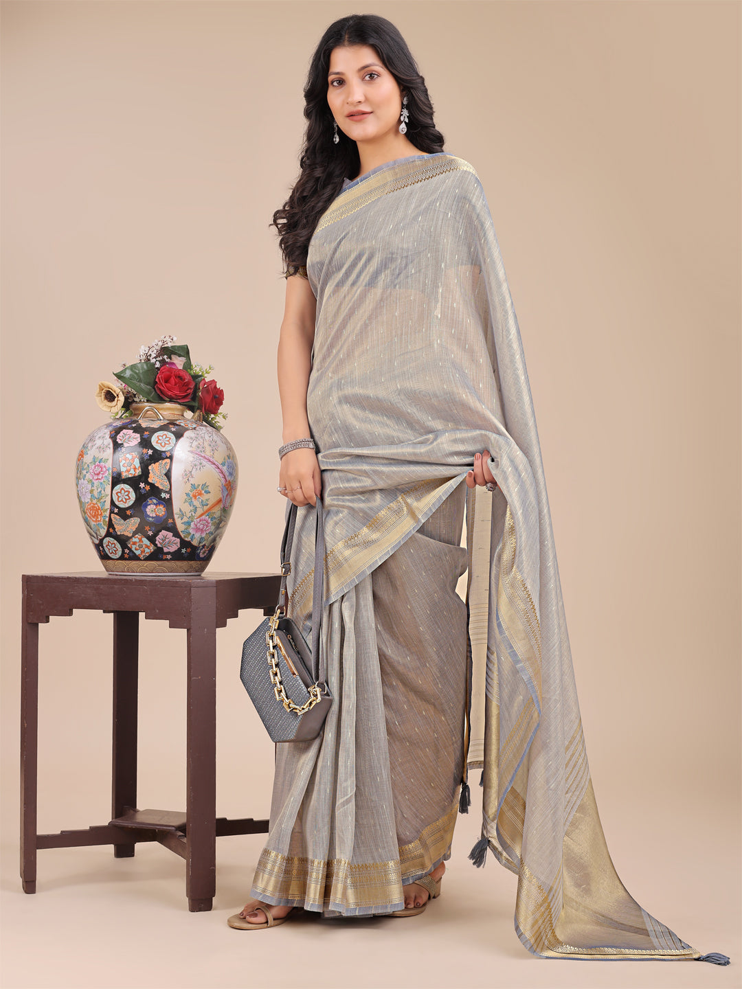 Gray Colour Organza Saree Weaving Work With Blouse Piece