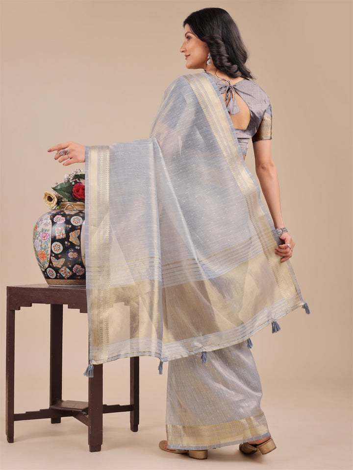 Gray Colour Organza Saree Weaving Work With Blouse Piece