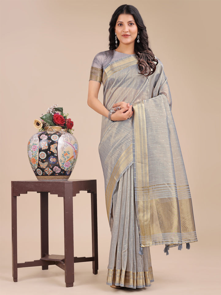 Gray Colour Organza Saree Weaving Work With Blouse Piece