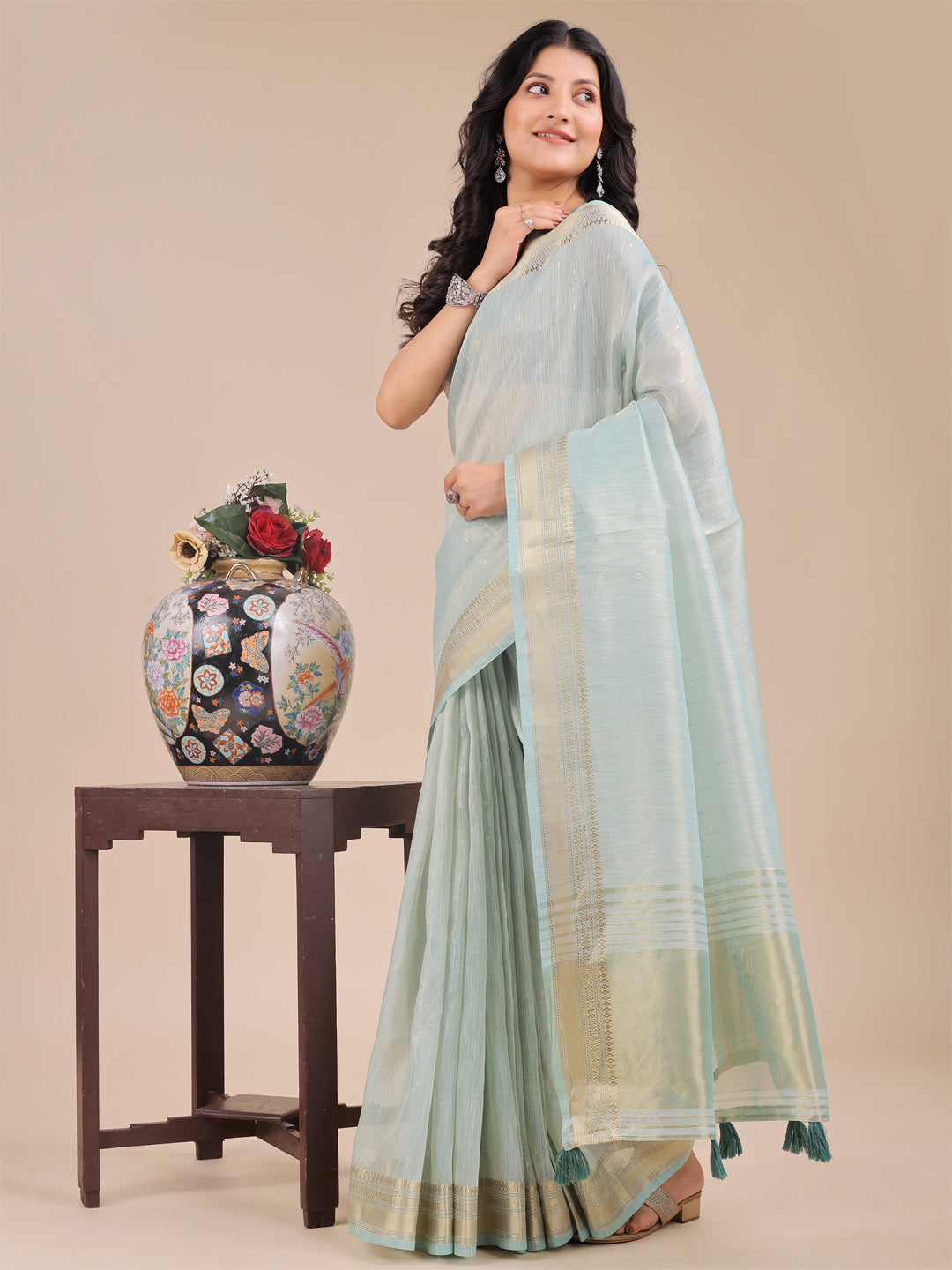 Sea Green Colour Organza Saree Weaving Work With Blouse Piece