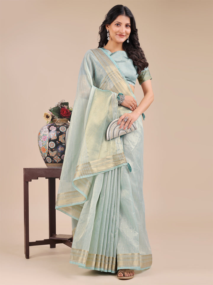 Sea Green Colour Organza Saree Weaving Work With Blouse Piece